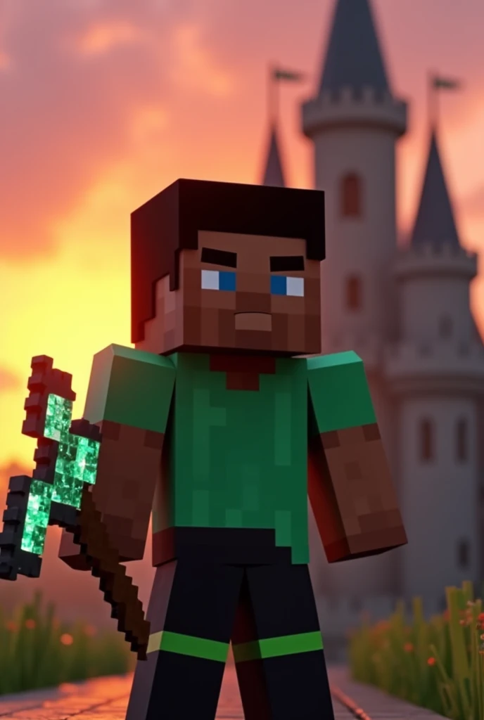 Boneco do minecraft com a pele escura, green shirt, Black pants with green stripes holding a diamond pickaxe with sparkle on a castle background with sunset