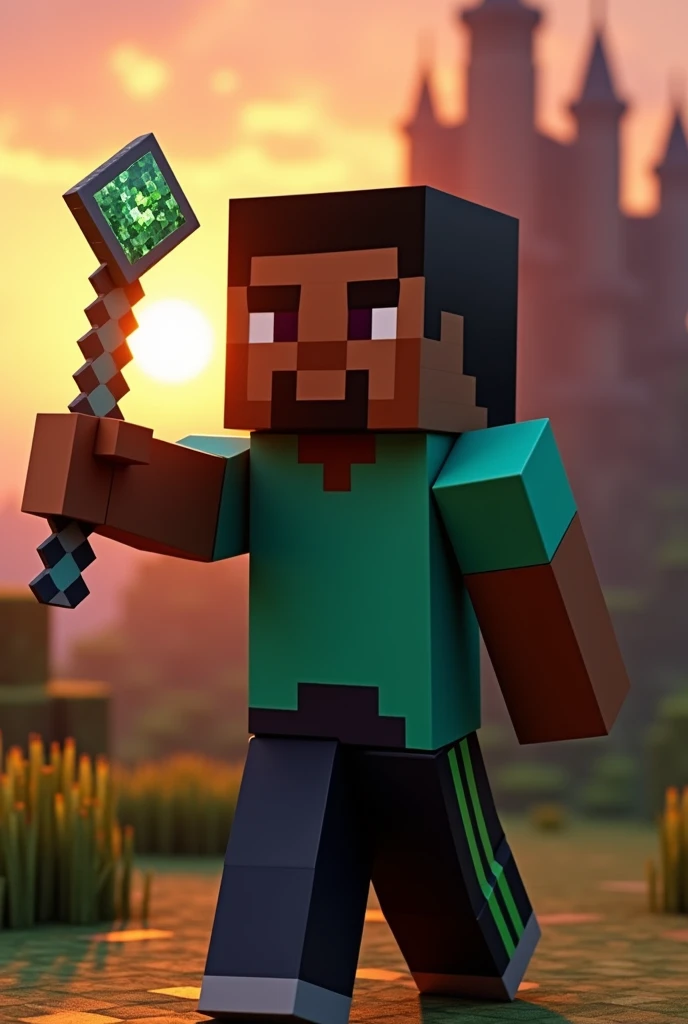 Boneco do minecraft com a pele escura, green shirt, Black pants with green stripes holding a diamond pickaxe with sparkle on a castle background with sunset