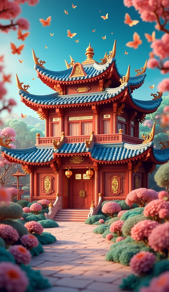 Magnifique manoir Chinois . Éclairage Cinématographique. Très colorés. Beaucoup de fleurs. Beaucoup de papillons. Haute résolution. Haute qualité. Extrêmement détaillé. Cartoon. Rêves. Pâte à modeler. Animé. Étoiles brillante. Pâte à sucre. Papillons. Fleurs.