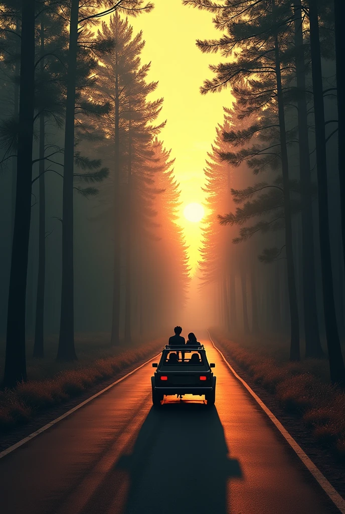 imagine prompt: 2d, personality: [Create a wide shot of the boys driving through a narrow, winding forest road, with tall trees on either side. The setting sun casts long shadows, creating an eerie and suspenseful vibe as Sahil gazes out the window] unreal engine, hyper real --q 2 --v 5.2 --ar 16:9