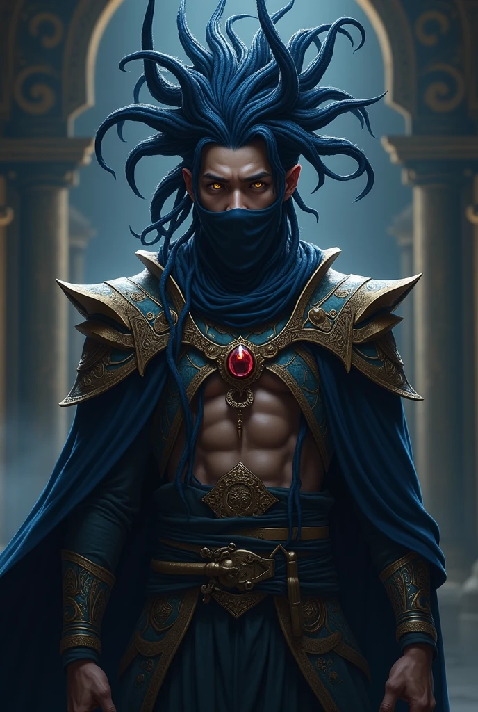 League of legends style, dark blue dreadlocks in the shape of tentacles, Dreadlocks in the form of tentacles should be left with the ends of the hair facing upwards, ancient warrior clothes, emperor clothes, masculine, young man without many muscles, no bear, black clothes, red jewel pendant on neck, clothes that show the body, mask in the face, one yellow hair and one red hair, the dreads must have the same shape as the previous image, but it must be suspended upwards, the dreads must be all over the hair, there can be no locks without dreadlocks, the mask must cover the mouth and nose, the eyes should be one yellow and one red