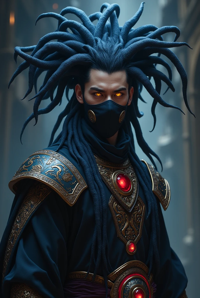 League of legends style, dark blue dreadlocks in the shape of tentacles, Dreadlocks in the form of tentacles should be left with the ends of the hair facing upwards, ancient warrior clothes, emperor clothes, masculine, young man without many muscles, no bear, black clothes, red jewel pendant on neck, clothes that show the body, mask in the face, one yellow hair and one red hair, the dreads must have the same shape as the previous image, but it must be suspended upwards, the dreads must be all over the hair, there can be no locks without dreadlocks, the mask must cover the mouth and nose, the eyes should be one yellow and one red