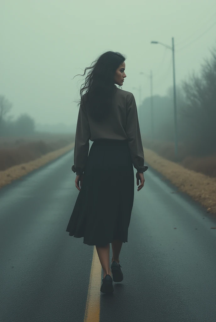 beautiful girl a beautiful woman with depression mode walking in road