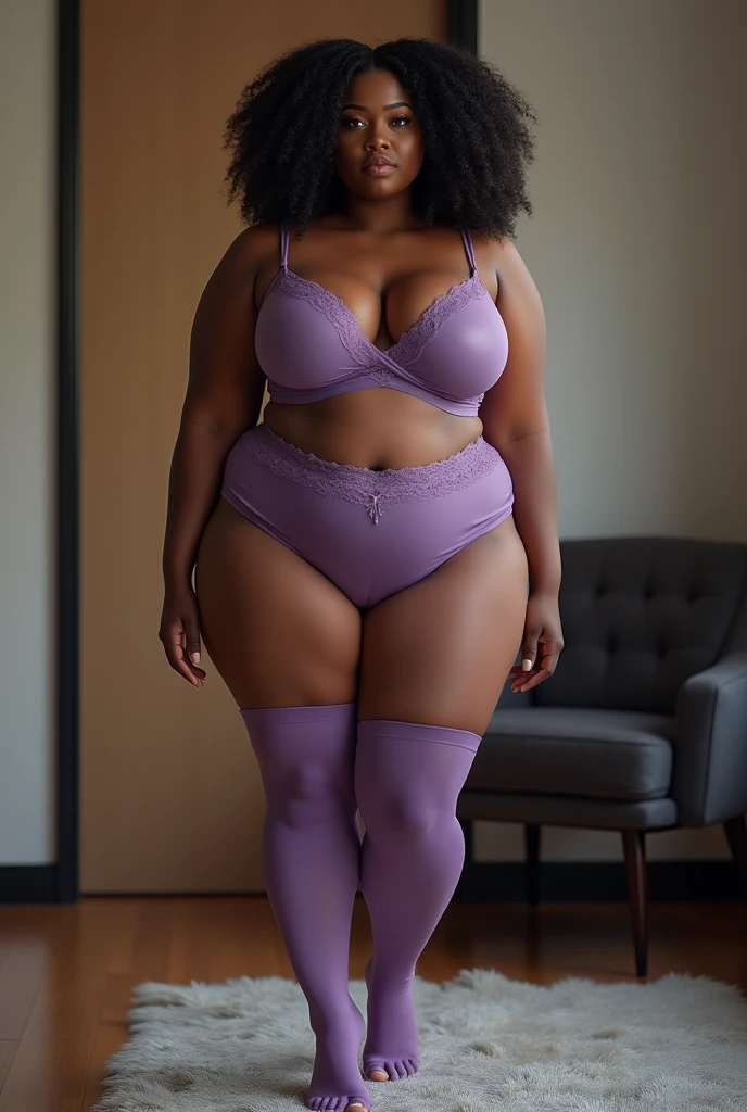 (photorealism:1.2) ebony dark chocolate skin tone plus sizes curvaeous woman with a findom persona Show entire body,feet in view, DD breasts , lingerie, lavender stockings, barefoot, modern private office