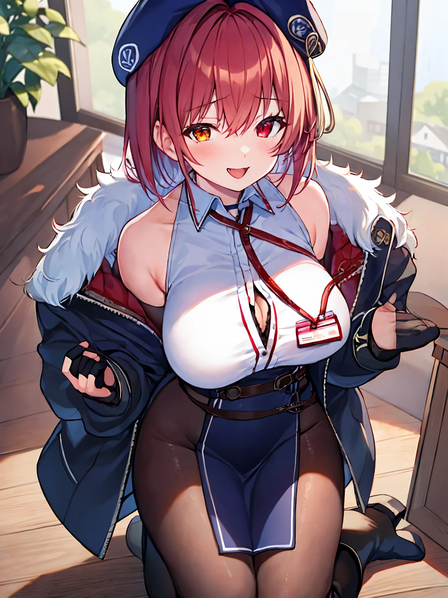 ((Masterpiece)), (Best Quality), marine_beret, Collared_White_Shirt, Sleeveless, High-waisted Skirt, Pantyhose, Blue Jacket, Fur Embellishment, Fingerless Gloves, 1_IDCard, Solo,marine_officer,, black pantyhose, black gloves, thigh boots, beret,houshou_marine,heterochromia, red eyes, orange eyes,open_mouth,big_smile,evil_smile,fang,large_breasts,,office_landscape,red_short_hair,(plump:0.7),open_mouth,tongue, slouch,pov ,kneeling with hands on ground,look_down_viewer,