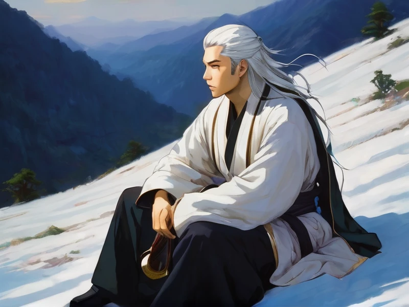 A young man sitting in a hill. He seems like he has lost everything. Everything is like icy theme. Make it 2d like anime type. I need this for novel cover. He should be wearing a white and black robe with long white hair like a chinese cultivator. And don't make him so close to screen and show many hills and don't show his face. Can u make it seem like a painting . I need him to have his sword beside him a sword a typical mc of cultivation novel holds make it look like it gives icy intent and make the hill and the scenery little dark like a world where there is no justice and u have to fight for everything make him look like he don't have much emotion and don't have any interest except in cultivation . Don't make the sword look like what's pulled out from history make it seem like it's not too thick nor too thin. Make it 800 * 600px within 5M