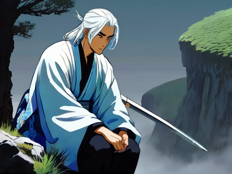 A young man sitting in a hill. He seems like he has lost everything. Everything is like icy theme. Make it 2d like anime type. I need this for novel cover. He should be wearing a white and black robe with long white hair like a chinese cultivator. And don't make him so close to screen and show many hills and don't show his face. Can u make it seem like a painting . I need him to have his sword beside him a sword a typical mc of cultivation novel holds make it look like it gives icy intent and make the hill and the scenery little dark like a world where there is no justice and u have to fight for everything make him look like he don't have much emotion and don't have any interest except in cultivation . Don't make the sword look like what's pulled out from history make it seem like it's not too thick nor too thin. Make it 800 * 600px within 5M