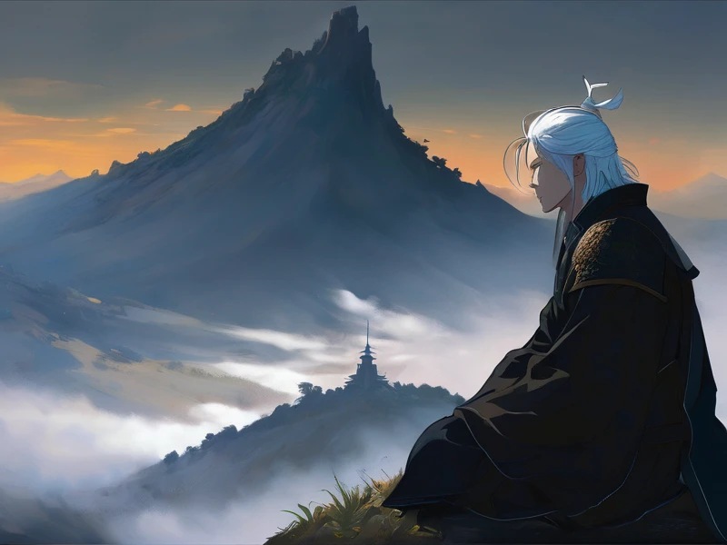 A young man sitting in a hill. He seems like he has lost everything. Everything is like icy theme. Make it 2d like anime type. I need this for novel cover. He should be wearing a white and black robe with long white hair like a chinese cultivator. And don't make him so close to screen and show many hills and don't show his face. Can u make it seem like a painting . I need him to have his sword beside him a sword a typical mc of cultivation novel holds make it look like it gives icy intent and make the hill and the scenery little dark like a world where there is no justice and u have to fight for everything make him look like he don't have much emotion and don't have any interest except in cultivation . Don't make the sword look like what's pulled out from history make it seem like it's not too thick nor too thin. Make it 800 * 600px within 5M