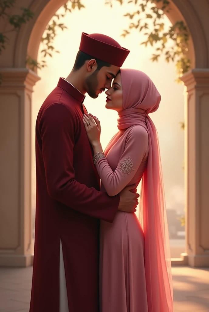 Please create an image kissing eachother 
featuring me and my wife. We are both Muslim. I am the husband, and my height is 5 feet 8 inches, while my wife’s height is 5 feet 1 inch. I am wearing a kurta pajama with a maroon-colored cap on my head and a beautiful sherwani. My wife is wearing a pink gown with a matching pink hijab






