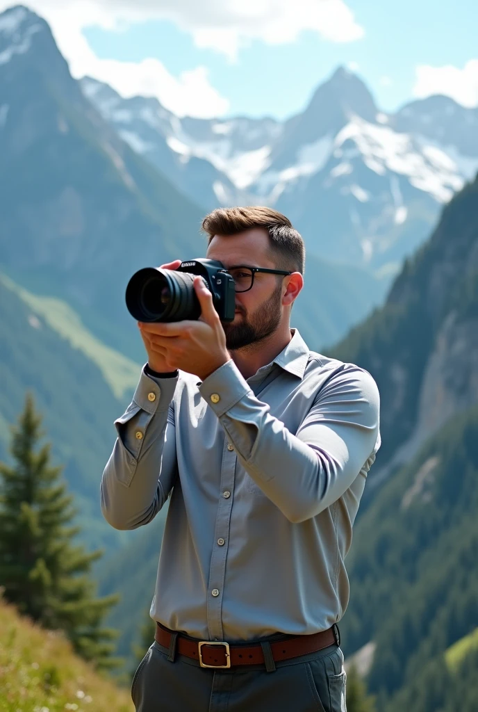 a man carry a camera in mountain with glasses
in close range without beard