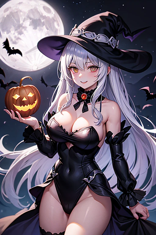 silver hair long hair witch night full moon halloween jack-o-lantern bat sweets smile big breasts black cat