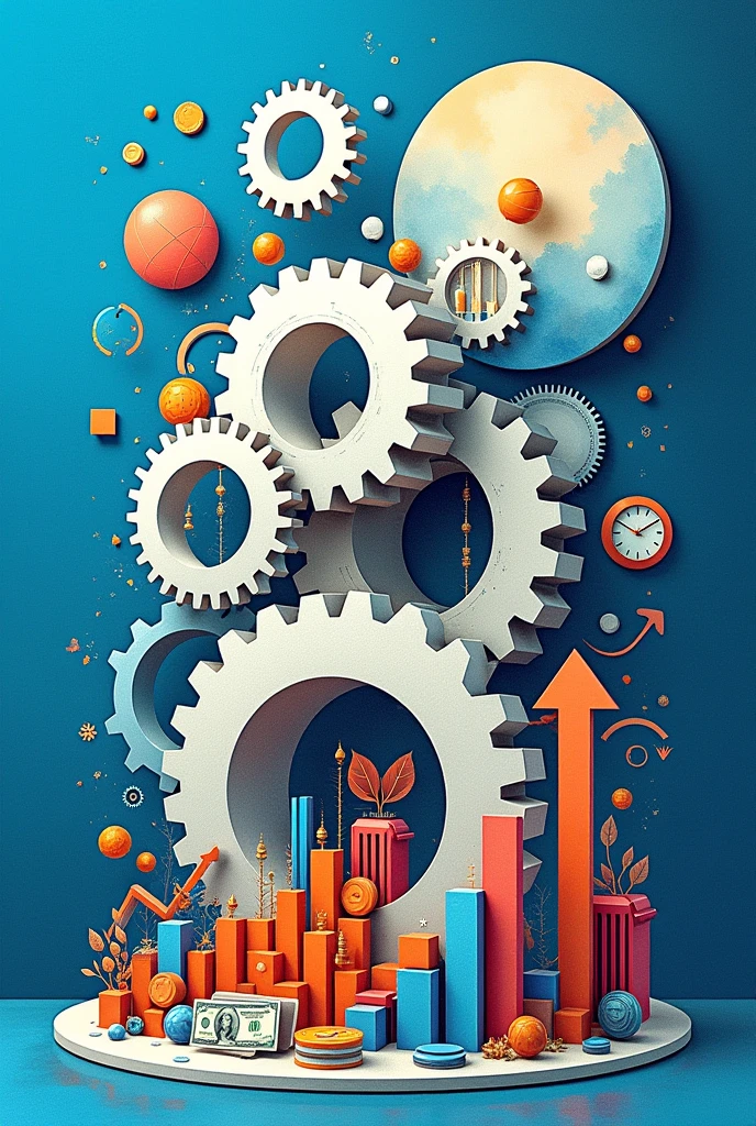 Create a three-dimensional gear Circles and squares, currency, coins, banknotes, graphs, car parts, watercolor and mixed media, bright colors, light source in the upper right corner. There are large white gears. The background is blue.
