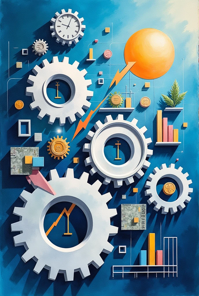 Create a three-dimensional gear Circles and squares, currency, coins, banknotes, graphs, car parts, watercolor and mixed media, bright colors, light source in the upper right corner. There are large white gears. The background is blue. 