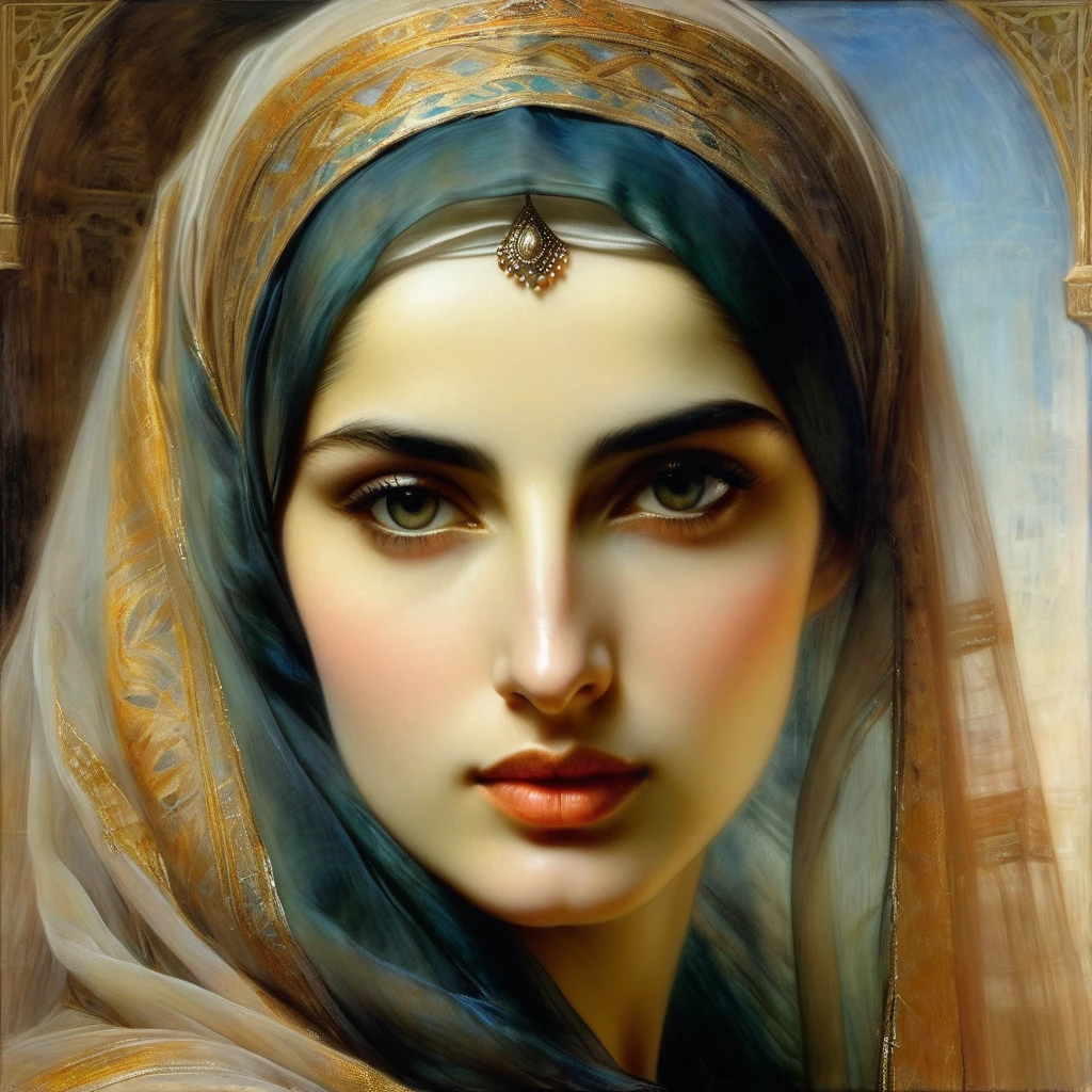 Painting of a woman with a veil on her head, Gaetano Previati, inspired by Theodore Ralli, Philippe de Laszlo, Orientalist, Painting Orientalism, Louis Royo, wearing a translucent veil, Maria Fortuna, veiled, detailed face of an Arab woman, inspired by Adolphe Hiremi-Hirschlem