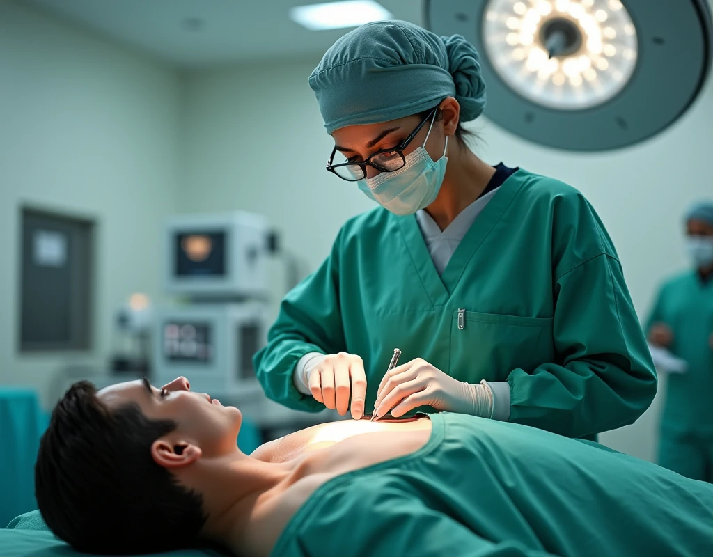 Aishwarya Rai as surgeon, wearing green scrubs, wearing surgical mask and skull cap, wearing surgical glasses, performing heart surgery on male patient, in operation theatre, fullbody view, cutting the chest,
