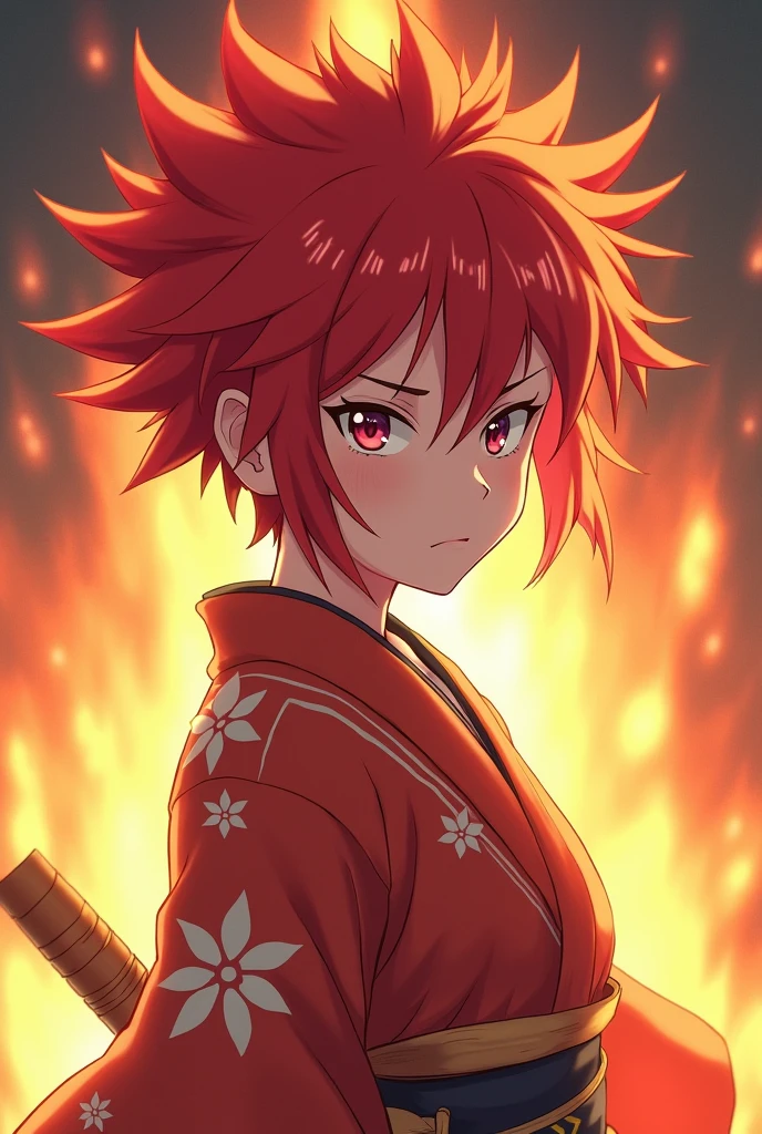 Red spiky hair, gentle face, kimono, female, Anime Protagonist, anime, shogun, hopeful, naive, fire, pure of heart, Tomboy, serious, battle pose, slender, attractive, goofy.