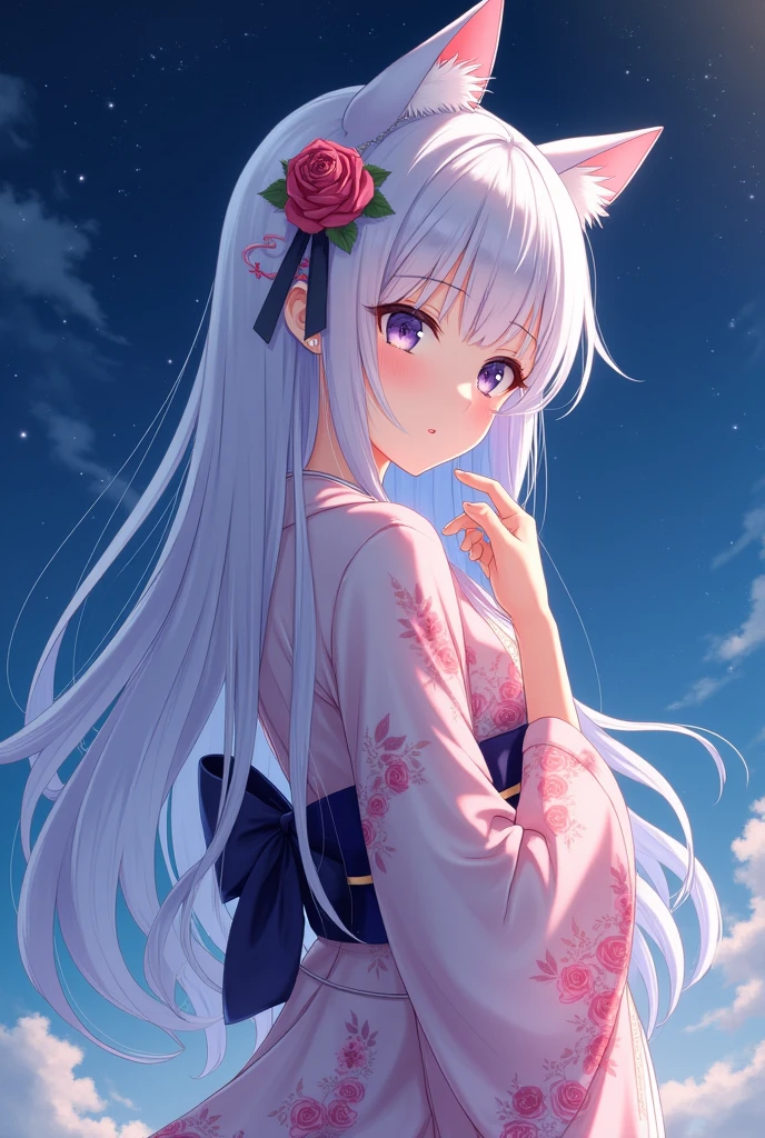 Anime cat ear girl in kimono clothes with cat ears, shoulder looking, anime drawing by Yang J, pixiv contest winner, serial art, digital anime illustration, kawashi, anime style illustration, anime style 4K, beautiful anime portrait, anime style portrait, anime style artwork, Guweiz style artwork, Anime Illustration, Digital Anime Art, Detailed Digital Anime Art, Beautiful Starry Sky, ((Beautiful Night View))