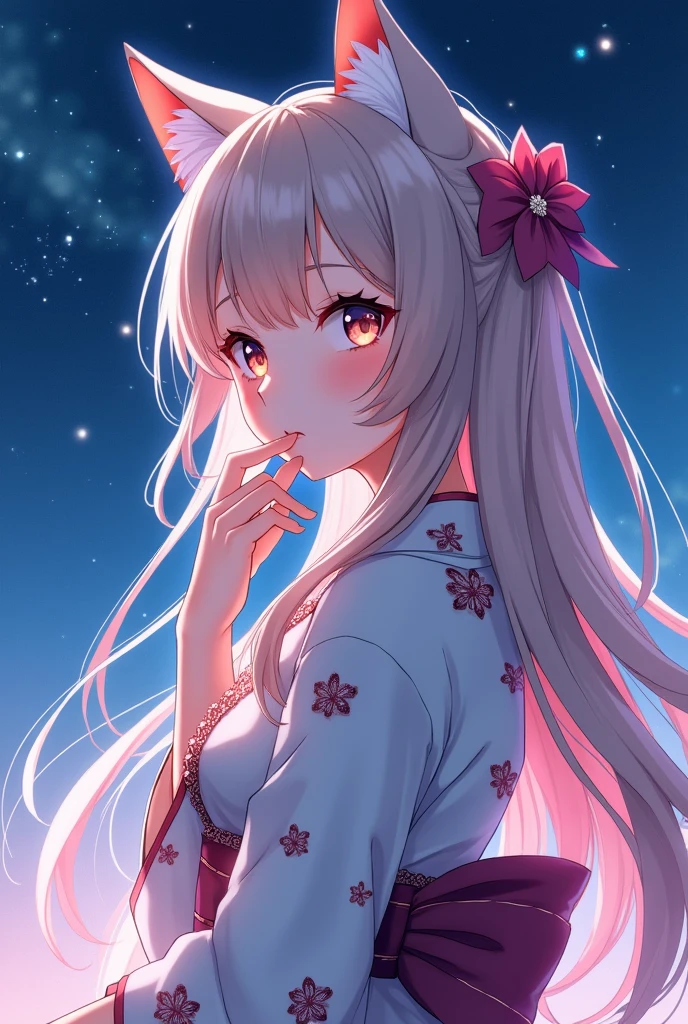 Anime cat ear girl in kimono clothes with cat ears, shoulder looking, anime drawing by Yang J, pixiv contest winner, serial art, digital anime illustration, kawashi, anime style illustration, anime style 4K, beautiful anime portrait, anime style portrait, anime style artwork, Guweiz style artwork, Anime Illustration, Digital Anime Art, Detailed Digital Anime Art, Beautiful Starry Sky, ((Beautiful Night View))