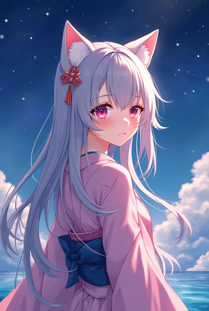 Anime cat ear girl in kimono clothes with cat ears, shoulder looking, anime drawing by Yang J, pixiv contest winner, serial art, digital anime illustration, kawashi, anime style illustration, anime style 4K, beautiful anime portrait, anime style portrait, anime style artwork, Guweiz style artwork, Anime Illustration, Digital Anime Art, Detailed Digital Anime Art, Beautiful Starry Sky, ((Beautiful Night View))