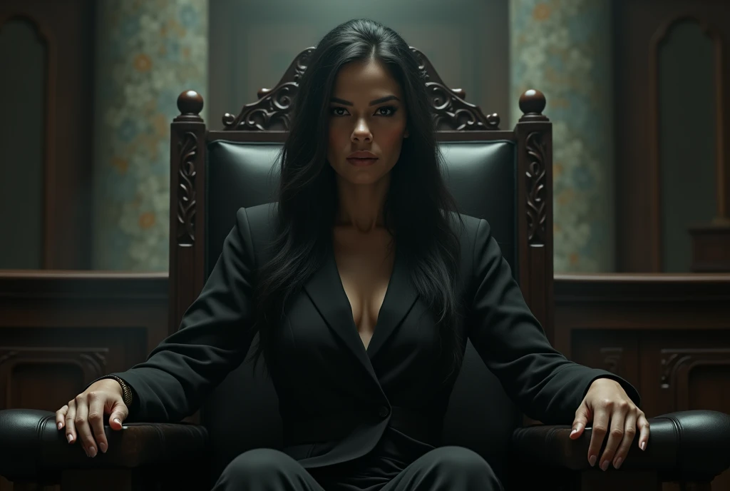 A dangerous woman in a very dangerous courtroom chair because she killed her husband