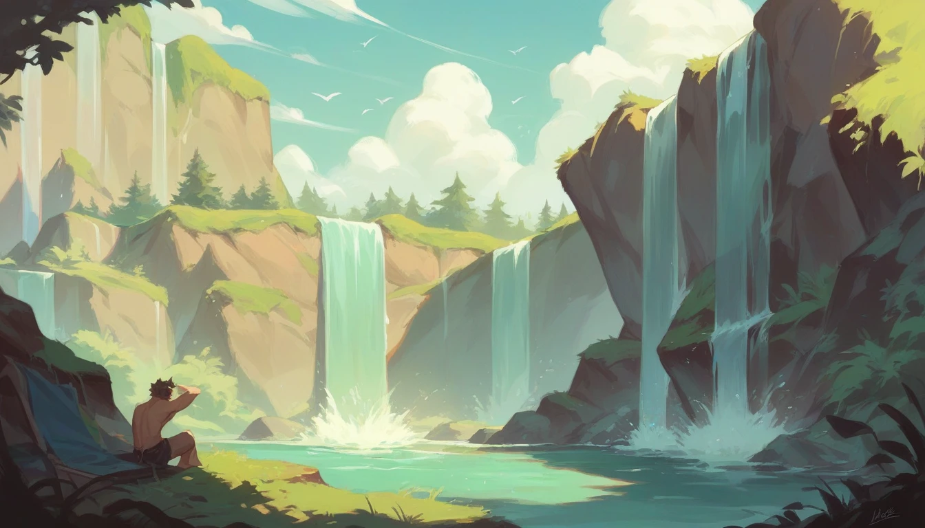 Household air conditioner against the backdrop of a waterfall