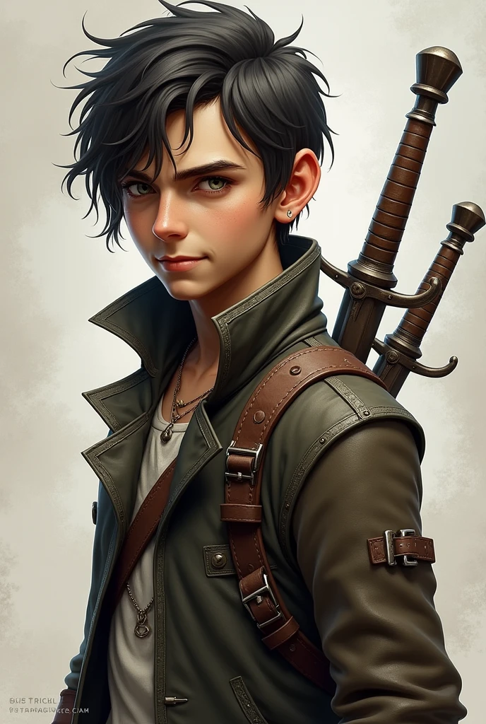 A short rogue with a young man's face, medium to long hair, wears daggers and a sarcastic smile on his face