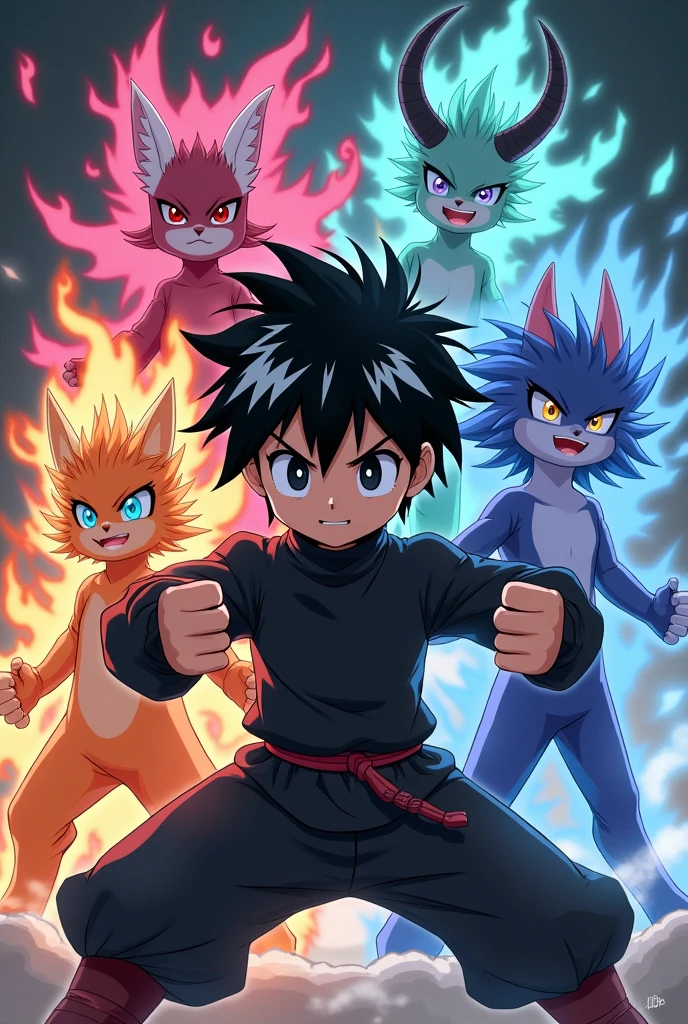 Create for me a boy of the male gender with black hair and white streaks and white eyes. He is in the front with a batkha pose and behind there are five puppets, one with fire characteristics, another poison, another with storm, another darkness and the last one fights with horns like the minitaur., the image is anime, The puppets have human characteristics, the poisonous ones have scales, the fire ones have fire coming out of them, the storm ones have fog., so ima has horns