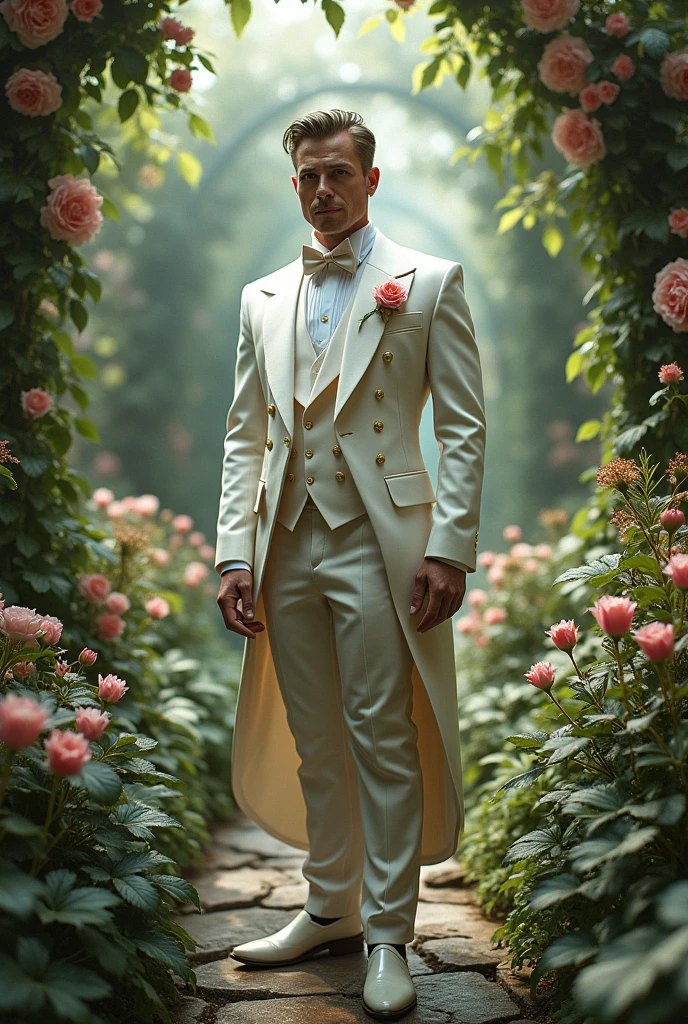 Illusion. Man wearing white and gold Tuxedo with pink rose in pocket and a black pants with garden background