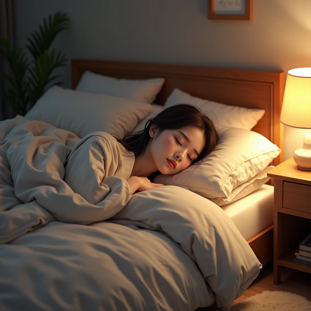 A young woman sleeping peacefully in her bed. She is surrounded by soft, inviting bedding, with a gentle, serene expression on her face. The room is softly lit, creating a warm and cozy atmosphere. The bedding is elegantly arranged, perhaps with a fluffy duvet and decorative pillows. The setting is calm and intimate, reflecting a sense of restfulness and tranquility. The surrounding decor might include subtle touches like a bedside lamp or a soft rug, enhancing the overall feeling of comfort and relaxation