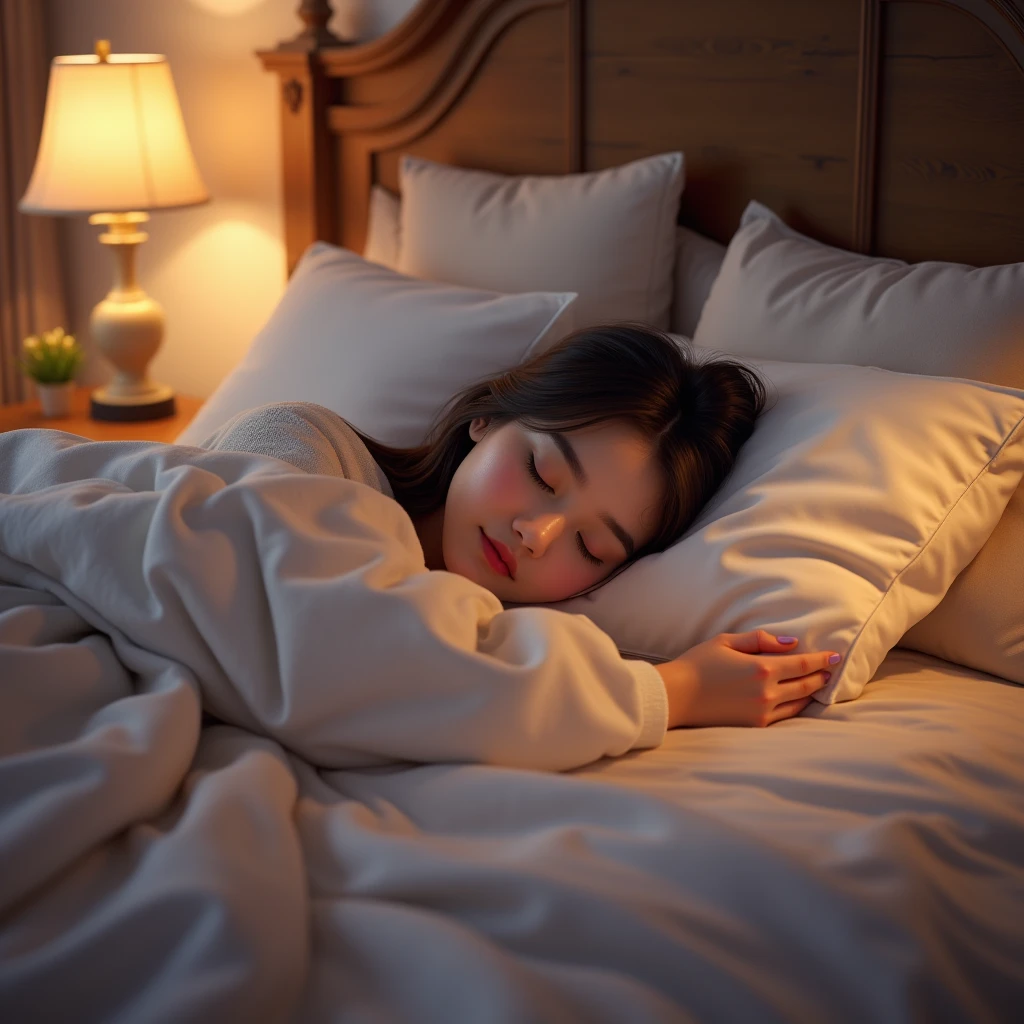 A young woman sleeping peacefully in her bed. She is surrounded by soft, inviting bedding, with a gentle, serene expression on her face. The room is softly lit, creating a warm and cozy atmosphere. The bedding is elegantly arranged, perhaps with a fluffy duvet and decorative pillows. The setting is calm and intimate, reflecting a sense of restfulness and tranquility. The surrounding decor might include subtle touches like a bedside lamp or a soft rug, enhancing the overall feeling of comfort and relaxation
