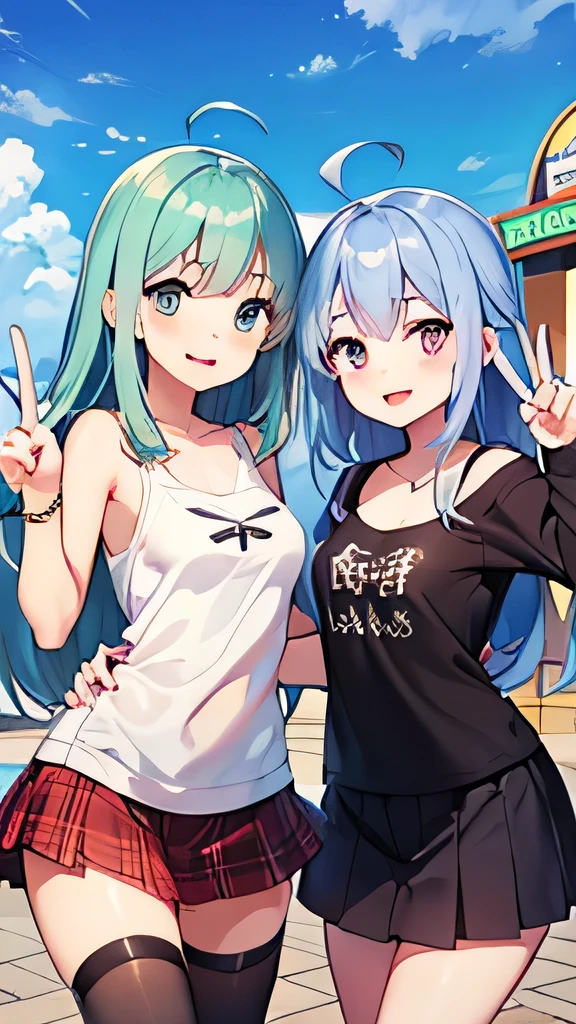 Highest quality、high resolution、Two Girls、Sky blue hair、Medium chest、Casual clothes、skirt、Knee-high boots、Wink、peace sign、A good friend、In town、noon