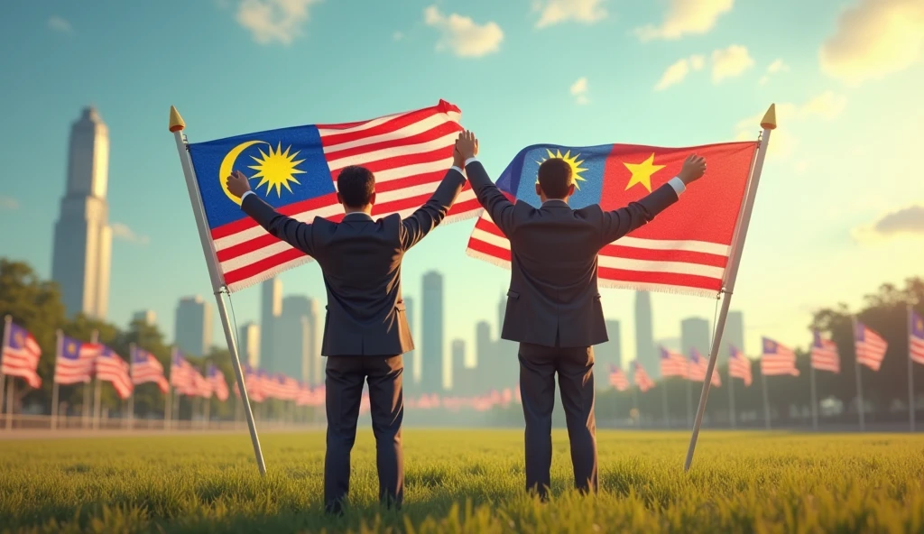 Tunku Abdul Rahman and Tunku Dato' Mustapha holding the Malaysian and Sabah flags stood in the middle of the field looking at the peaceful city with many Malaysian flags