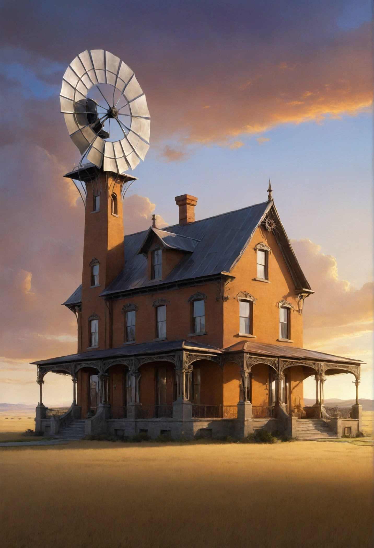   "prompt": "A realistic, high-definition photograph of a solitary steampunk-style house situated in the middle of vast, open plains. The house is an intricate blend of Victorian architecture and industrial elements, featuring ornate ironwork, large gears, and brass pipes integrated into its design. Tall, narrow chimneys emit faint wisps of smoke, and round, riveted windows catch the warm glow of the setting sun. The exterior of the house is a mix of weathered brick and polished metal, with a large, rotating windmill on one side. The expansive plains around the house stretch into the distance, covered in golden grass that sways gently in the breeze. The late afternoon light bathes the scene in a soft, amber hue, casting long shadows and highlighting the unique details of the house. The sky above is a gradient of warm oranges and purples, adding to the serene, otherworldly atmosphere.",
  "size": "1024x1024"
}
```