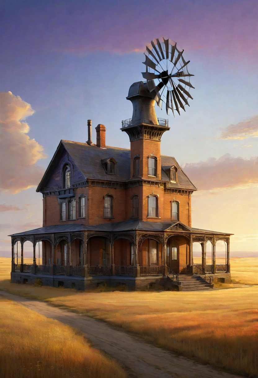 "prompt": "A realistic, high-definition photograph of a solitary steampunk-style house situated in the middle of vast, open plains. The house is an intricate blend of Victorian architecture and industrial elements, featuring ornate ironwork, large gears, and brass pipes integrated into its design. Tall, narrow chimneys emit faint wisps of smoke, and round, riveted windows catch the warm glow of the setting sun. The exterior of the house is a mix of weathered brick and polished metal, with a large, rotating windmill on one side. The expansive plains around the house stretch into the distance, covered in golden grass that sways gently in the breeze. The late afternoon light bathes the scene in a soft, amber hue, casting long shadows and highlighting the unique details of the house. The sky above is a gradient of warm oranges and purples, adding to the serene, otherworldly atmosphere.",
"size": "1024x1024"
}
```