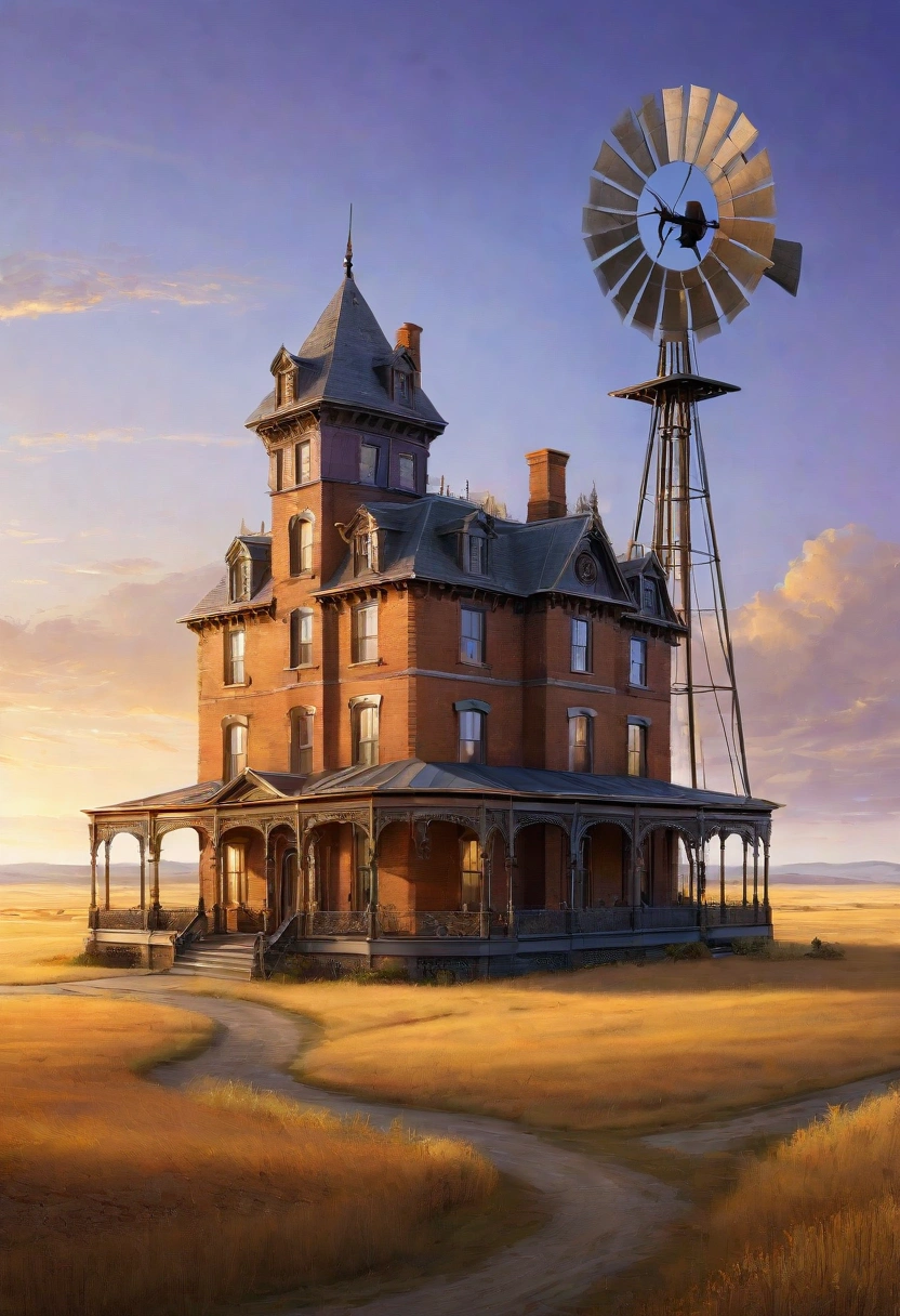 "prompt": "A realistic, high-definition photograph of a solitary steampunk-style house situated in the middle of vast, open plains. The house is an intricate blend of Victorian architecture and industrial elements, featuring ornate ironwork, large gears, and brass pipes integrated into its design. Tall, narrow chimneys emit faint wisps of smoke, and round, riveted windows catch the warm glow of the setting sun. The exterior of the house is a mix of weathered brick and polished metal, with a large, rotating windmill on one side. The expansive plains around the house stretch into the distance, covered in golden grass that sways gently in the breeze. The late afternoon light bathes the scene in a soft, amber hue, casting long shadows and highlighting the unique details of the house. The sky above is a gradient of warm oranges and purples, adding to the serene, otherworldly atmosphere.",
"size": "1024x1024"
}
```