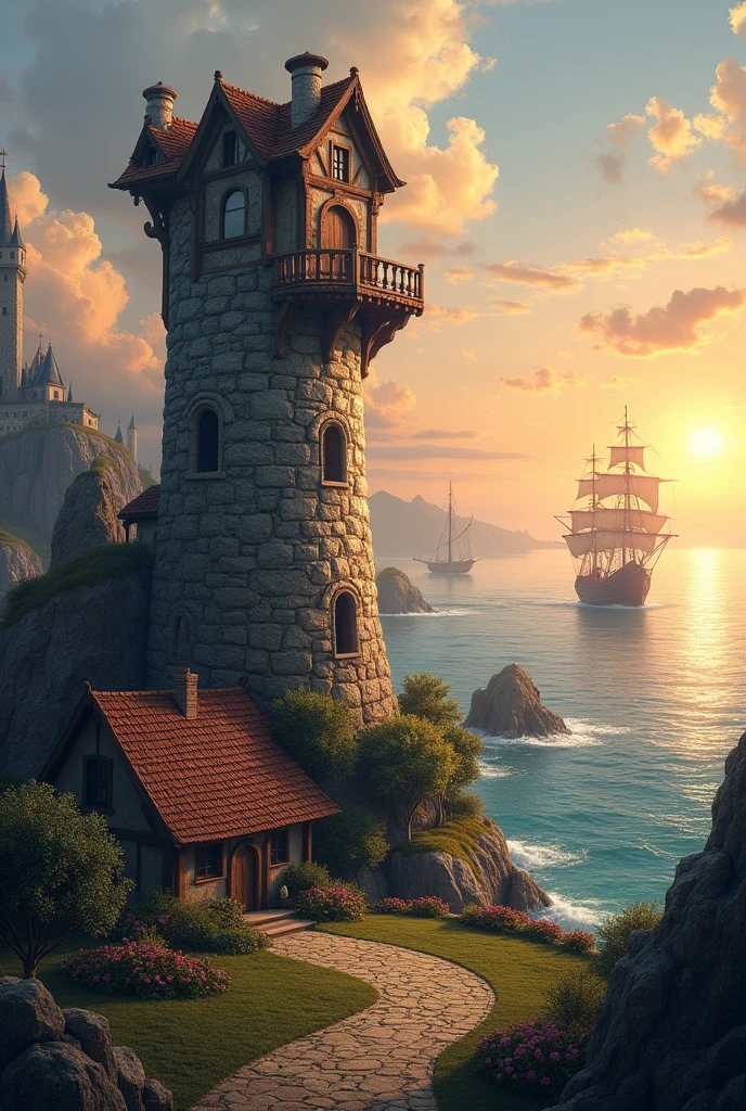 Create a landscape with a tall, rustic, rocky tower , The tower will only have a small window at the top and a balcony. , without door (Tangled movie style) near a rustic house , In the background an ocean with a pirate ship floating , a castle further in the background near a sunset