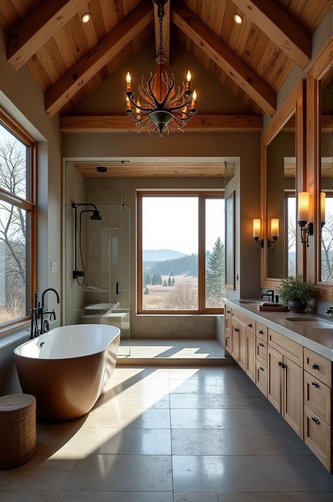 Design the interior of a large modern and rustic bathroom inspired by John Dutton 