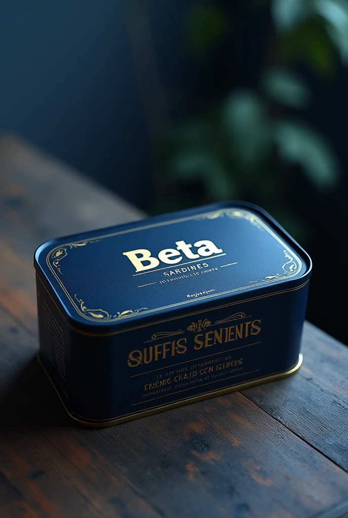 Canned sardines stored in a paper box to last 3 years, with creative dark blue packaging, with the brand name on top which is “beta sardines”. (without showing the product itself).
