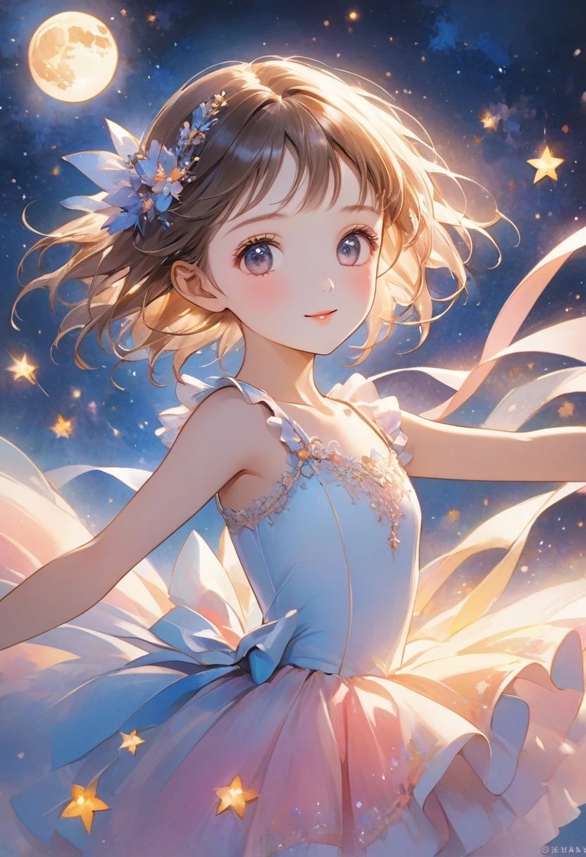 (Detailed face)(Detailed portraits)A ballerina is dancing in a night sky with stars and the moon shining