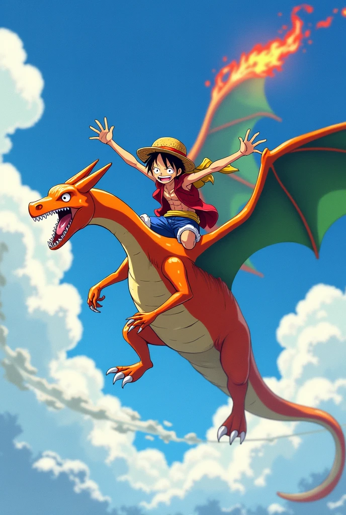 Monkey D Luffy flies on Charizard