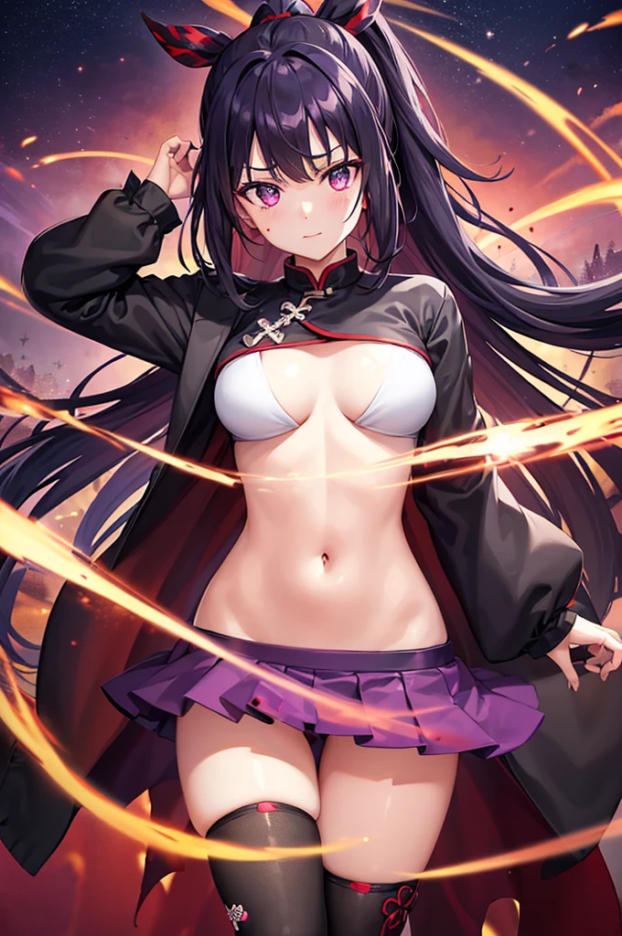 1girl, japanese clothes, ponytail ,black hair, purple eyes, magic circle, red fire, red flames, wallpaper, landscape, blood, blood splatter, depth of field, night, light particles, light rays, sidelighting, thighs, fate \(series\), genshin impact, open jacket, mini skirt, thighhighs, big breasts ,thin waist 