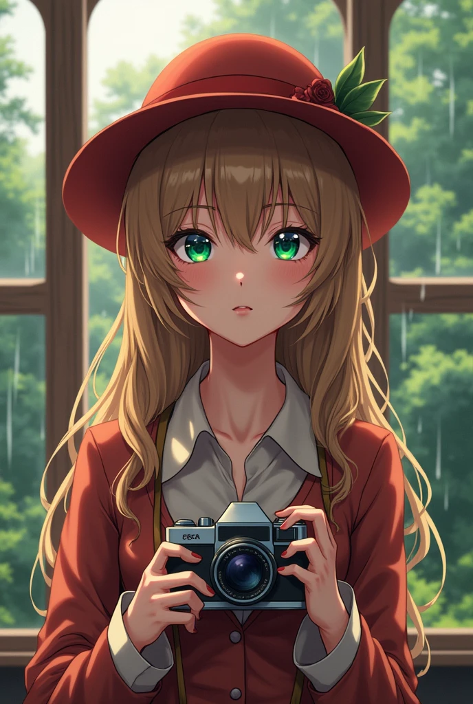 anime girl,Long brown-blond hair,Green eyes,Wearing a red painter's hat, Holding a Leica camera,Beautiful anime art work, Anime style 4K, Anime Art Wallpaper 4k,Rainy Day,Windows,forest,