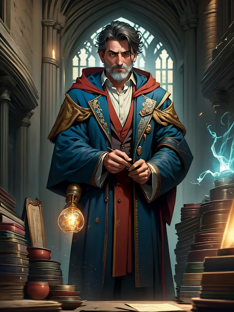 A disgraced mage. Former academic researcher now in hiding continuing his magic experiments. Middle-aged man. Conservative hair cut disheveled appearance.