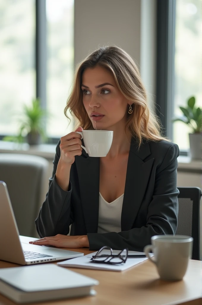 Woman drinking coffee in office