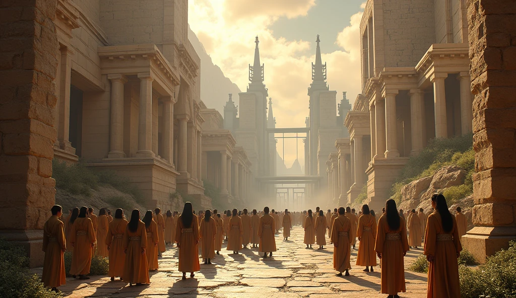 a scenery combining different eras of human history from the stone age to the future,epic,cinematic,dramatic lighting,detailed architecture,detailed landscape,intricate details,futuristic technology,ancient ruins,dramatic skies,warm colors,rich textures,detailed characters,best quality,8k,highres,masterpiece,ultra-detailed,realistic,photorealistic,studio lighting,extreme detail description,professional