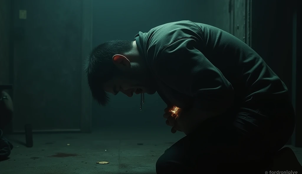 There is a shadow、Photorealistic、Horror、Ultra HD、A man is suffering and clutching his stomach、A man is bending forward、Side view、Wearing clothes
