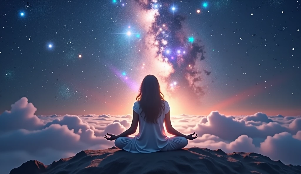 Create an image that illustrates a deep spiritual connection between a human being and the Universe. In the center of the scene, an individual is in a meditative or prayerful posture, with an expression of peace and fulfillment. This being is in harmony with the cosmos around them, which is depicted as a vast and brilliant landscape of stars, nebulae, and galaxies.
Around the individual, a luminous aura or vibrant energy connects them with the starry sky, symbolizing unity with the Whole and the vastness of the Universe. The colors of the image should be soft and ethereal, using shades of blue, purple, and gold to convey a sense of serenity and transcendence.
Incorporate elements such as beams of light, constellations, or subtle spiritual symbols that interact with the human being, highlighting the interconnection and synergy between the individual and the cosmos. The image should evoke feelings of universal love, balance, and the deep spiritual connection that the “Your Power” channel seeks to convey.