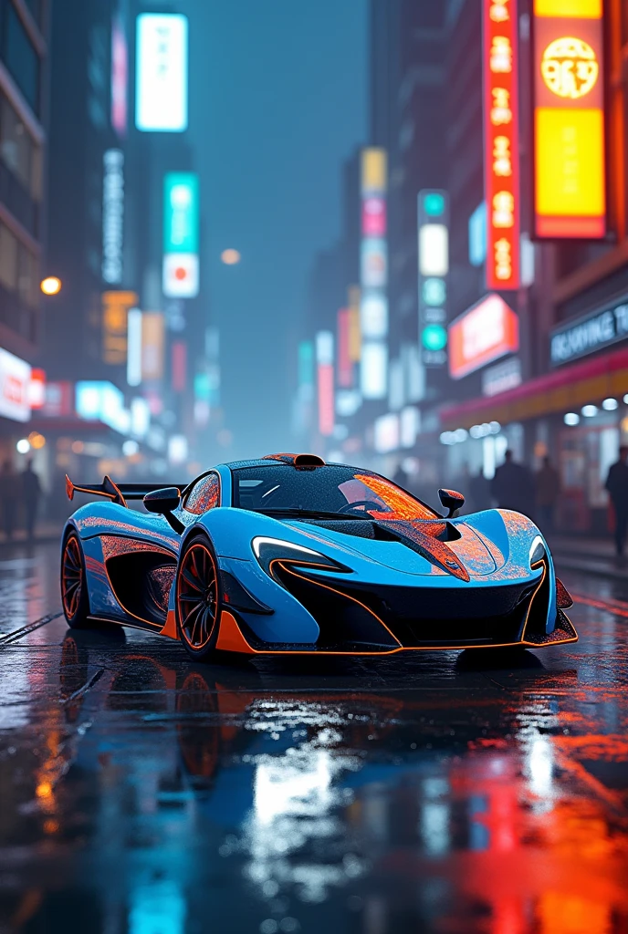 McLaren P1 with blue orange bodikit in siberpunk city with neon lights and wet ground