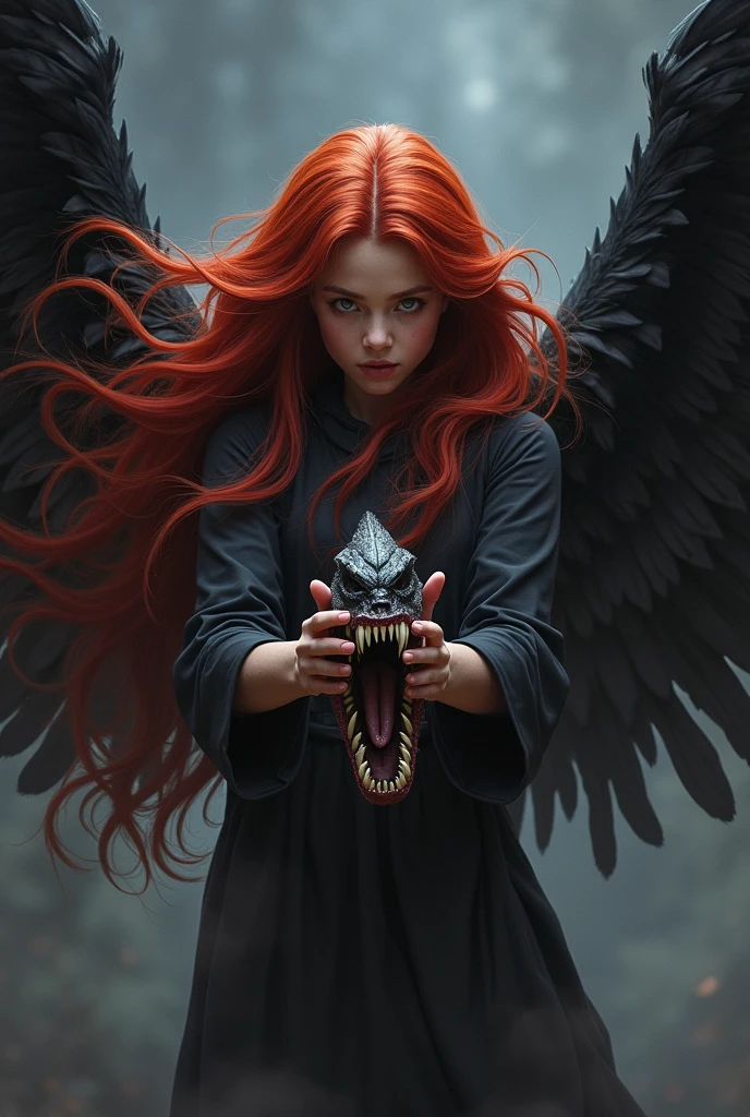 Teenager with long red hair and black wings, holding a monster's mouth with your hands