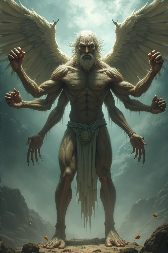 A man with 8 hands and 4 legs and wings